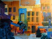 Ian Case - Gordes Provence - acrylic ink, collage and oil pastel